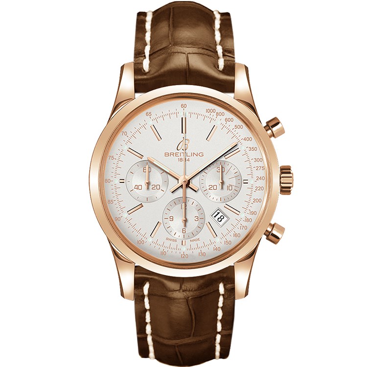 Transocean Chronograph in Rose Gold on Brown Crocodile Leather Strap with Mercury Silver Dial