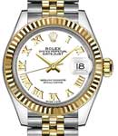 Datejust Ladies 28mm  in Steel with Yellow Gold Fluted Bezel on Jubilee Bracelet with White Roman Dial