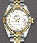 Datejust Ladies 28mm  in Steel with Yellow Gold Fluted Bezel on Jubilee Bracelet with White Roman Dial