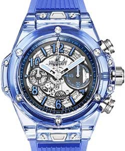 Big Bang Unico Rainbow in Sapphire with Blue Polished Crystal on Blue Transparent Lined Rubber Strap with Skeleton Dial