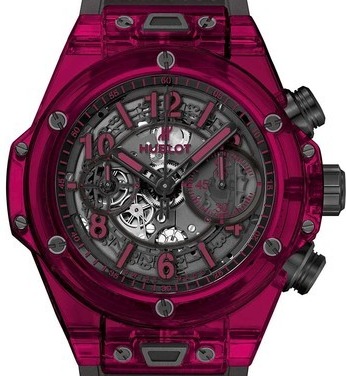Big Bang Unico Rainbow in Sapphire with Red Polished Crystal on Black Lined Rubber Strap with Skeleton Dial