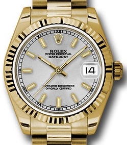 Datejust Perpetual 31mm in Yellow Gold with Fluted Bezel on YG President Braclet with Silver Stick Dial