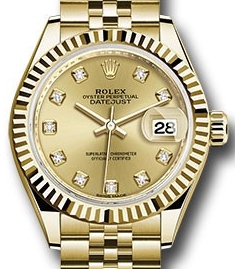 Lady-Datejust 28mm in Yellow Gold with Fluted Bezel on Jubilee Bracelet with Champagne Diamond Dial