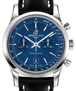 Transocean Chronograph 38mm in Steel On Black Calfskin Leather Strap with Blue Dial