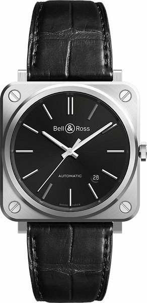 BR S Aviation in Steel on Black Crocodile Leather Strap with Black Dial