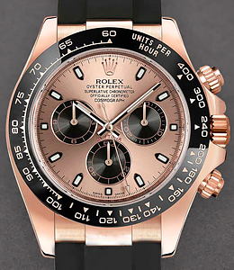 Daytona in Rose Gold with Black Ceramic Bezel on Rubber Strap with Pink Dial and Black Subdials