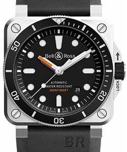 BR03-92 Diver in Steel on Black Rubber Strap with Black Dial