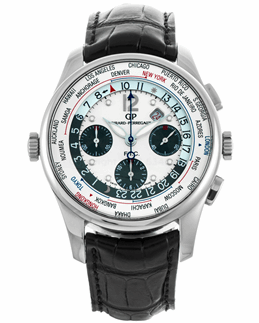 World Time Financial Chronograph in Steel on Black Crocodile Leather Strap with Silver Dial