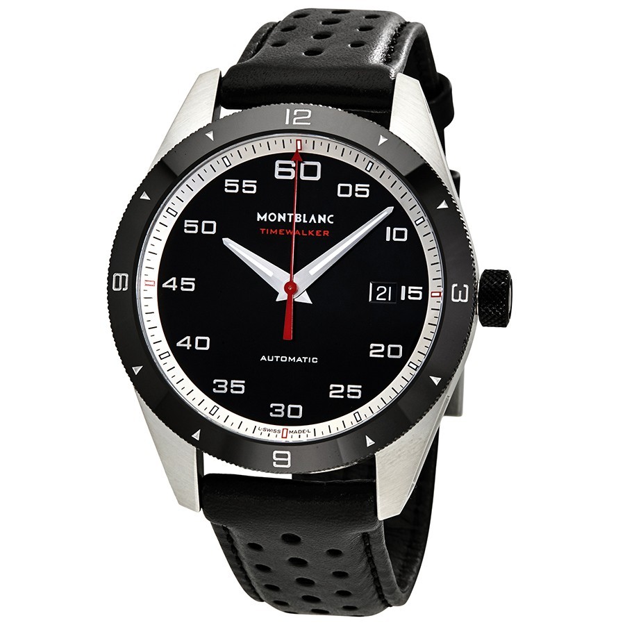 Timewalker 41mm Automatic in Steel with Black Ceramic Bezel on Black Leather Strap with Black Dial