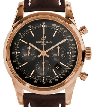Transocean Chronograph in Rose Gold on Brown Calfskin Leather Strap with Black Dial