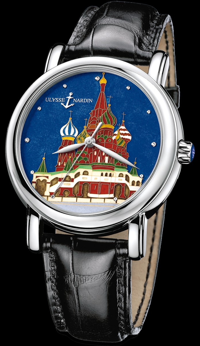 Kremlin Set - St. Basil Red Square in Platinum  on Black Leather Strap with Enamel Cloisonne Dial
