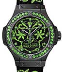 Big Bang Broderie Sugar Skull Fluo Malachik 41mm in Black Ceramic with Black-Plated Bezel on Black Rubber and Green Embroidery Strap with Black Dial Having Green Embroidery