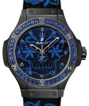 Big Bang Broderie Sugar Skull Fluo Malachik 41mm in Black Ceramic with Black-Plated Bezel on Black Rubber and Blue Embroidery Strap with Black Dial Having Blue Embroidery