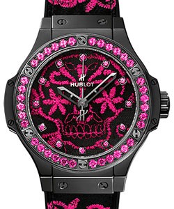 Big Bang Broderie Sugar Skull Fluo Malachik 41mm in Black Ceramic with Black-Plated Bezel on Black Rubber and Pink Embroidery Strap with Black Dial Having Pink Embroidery