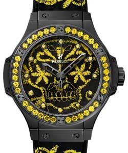 Big Bang Broderie Sugar Skull Fluo Malachik 41mm in Black Ceramic with Black-Plated Bezel on Black Rubber and Yellow Embroidery Strap with Black Dial Having Yellow Embroidery
