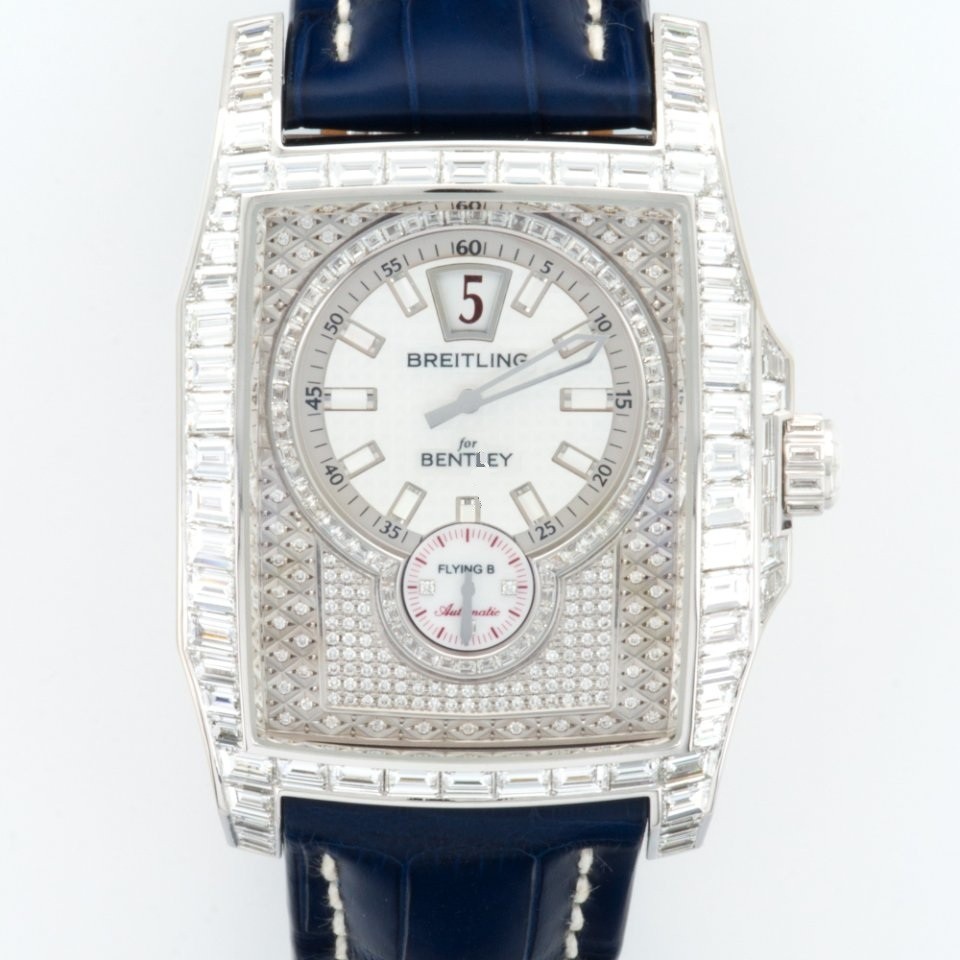 Bentley Flying B Baguette Diamond in White Gold with Diamond Bezel on Blue Crocodile Leather Strap with Pave Diamond Dial