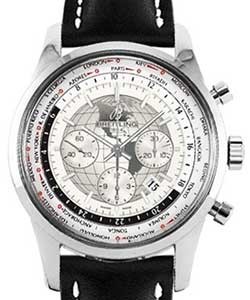Transocean Chronograph Unitime in Steel on Black Calfskin Leather Strap with Polar White Dial with White Map