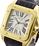 Santos 100 in Yellow Gold Large Size On Brown Leather Strap with Silver Dial