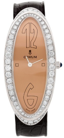 Oval Ladies Quartz in White Gold with Diamond Bezel On Black Leather Strap with MOP Dial