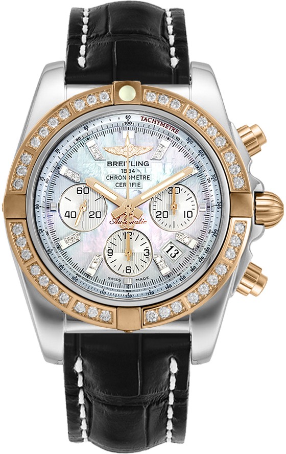 Chronomat 44 in 2-Tone with Diamond Bezel on Black Crocodile Strap with White MOP Diamond Dial