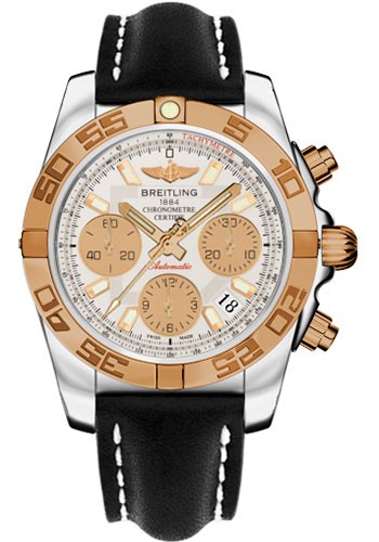 Chronomat 41 in Steel with Rose Gold Bezel On Black Calfskin Leather Strap with Silver Dial and Gold Subdials