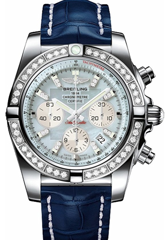 Windrider Chronomat B01 Chronograph in Steel With Diamond Bezel on Blue Crocodile Strap with Grey MOP Diamond Dial