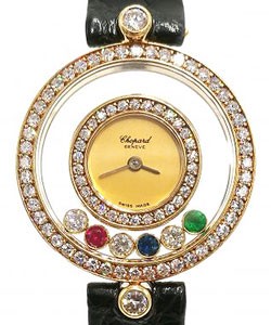 Happy Diamonds in Yellow Gold with Rubies and Diamonds on Black Leather Strap with Burgandy Dial