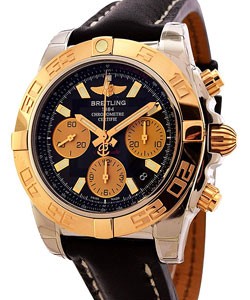Chronomat 41 in Steel with Rose Gold Bezel on Black Calfskin Leather Strap with Black Dial and Gold Subdials