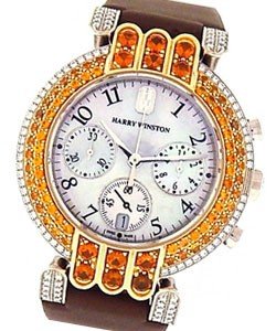 Premier Chronograph in White Gold with Diamond and Orange Stones Bezel on Brown Satin Leather Strap with MOP Dial