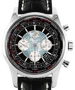 Transocean Chronograph Unitime 46mm in Steel On Black crocodile Leather Strap with Black Dial - Silver Subdials