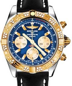 Chronomat 44 in Polished Steel with Rose Gold Diamond Bezel On Black Calfskin Leather Strap with Blue Dial and Gold Subdials