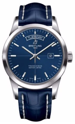 Transocean Day-Date 43mm in Steel On Blue Crocodile Leather Strap with Aurora Blue Dial