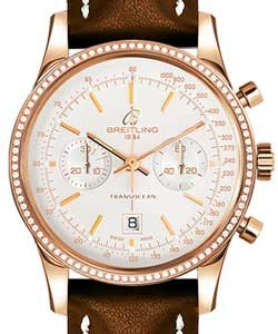 Transocean Chronograph 38mm in Rose Gold with Diamond Bezel on Brown Calfskin Leather Strap with Silver Dial