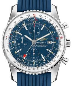 Navitimer World Chronograph 46mm in Steel on Blue Lined Rubber Strap with Blue Dial