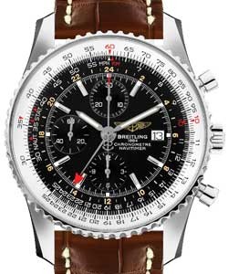 Navitimer World Chronograph 46mm in Steel on Brown Crocodile Leather Strap with Black Dial