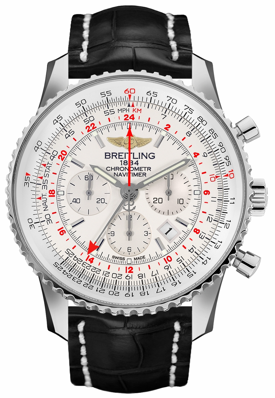 Navitimer GMT Chronograph 48mm in Steel on Black Crocodile Leather Strap with Mercury Silver Dial