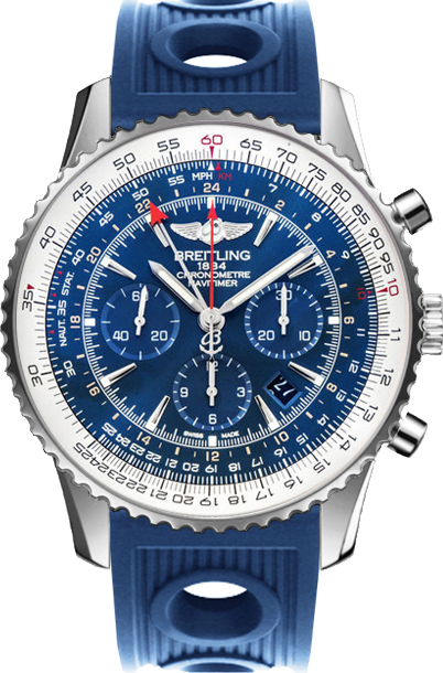 Navitimer GMT Automatic 48mm in Steel on Blue Rubber Strap with Aurora Blue Dial