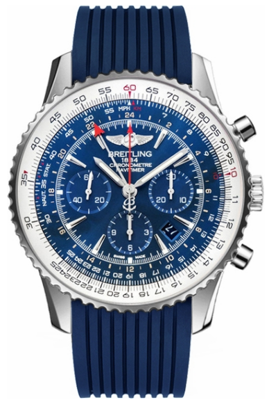 Navitimer GMT Automatic 48mm in Steel on Blue Lined Rubber Strap with Aurora Blue Dial