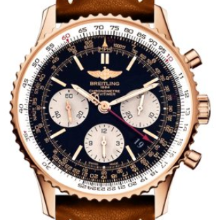 Navitimer 01 Chronograph 43mm in Rose Gold on Gold Calfskin Leather Strap with Black Dial - Silver Subdials