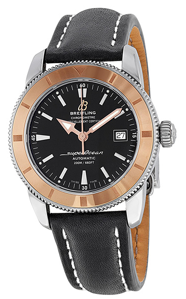 Superocean Heritage 42mm in Steel with Rose Gold on Black Leather Strap with Black Dial