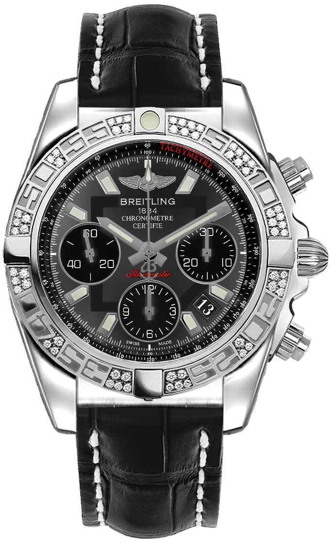 Chronomat 41 in Steel with Diamond Bezel on Black Alligator Leather Strap with Gray Dial