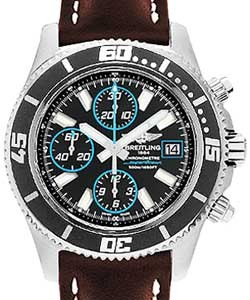 Superocean Chronograph Abyss II 44mm in Steel on Brown Calfskin Leather Strap with Black and Abyss Blue Dial