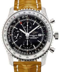 Navitimer World Chronograph 46mm in Steel on Gold Crocodile Leather Strap with Black Dial