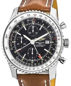 Navitimer World Chronograph 46mm in Steel on Gold Calfskin Leather Strap with Black Dial