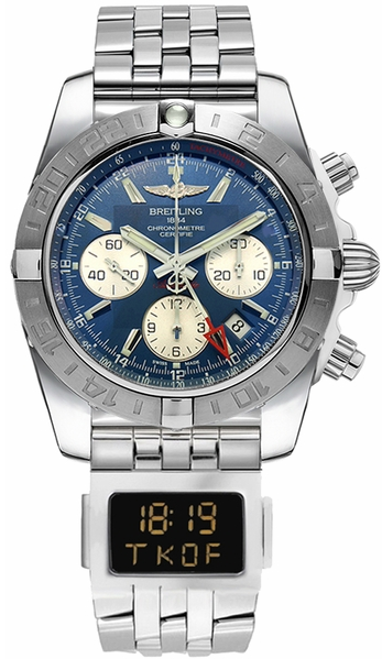 Chronomat 44 GMT Automatic in Steel on Professional Co-Pilot LCD Digital Display Bracelet with Blue Dial - Silver Subdials