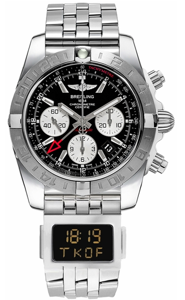 Chronomat 44 GMT Chronograph in Steel on Professional Co-Pilot LCD Digital Display Bracelet with Black Dial - Silver Subdials