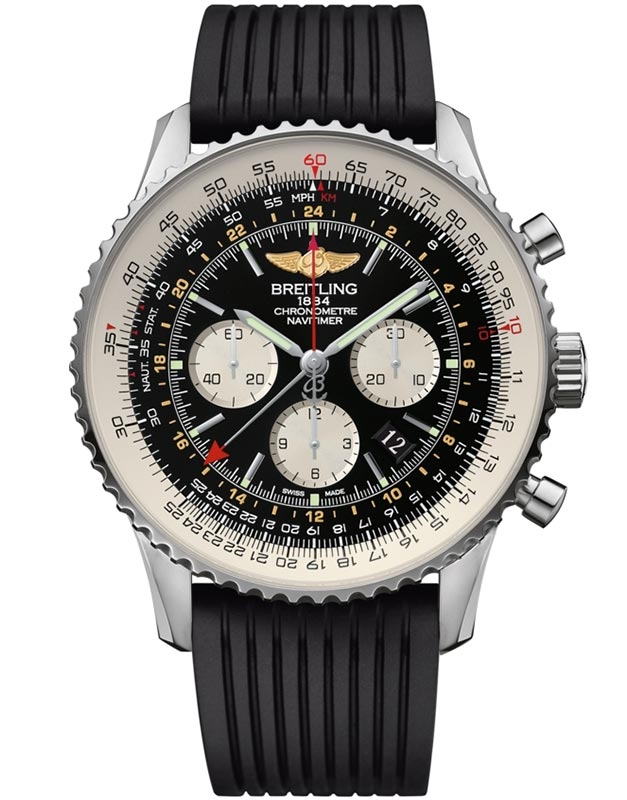 Navitimer GMT Chronograph in Steel On Black Rubber Strap with Black Dial