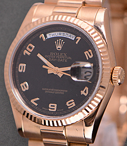 President Day Date in Rose Gold with Fluted Bezel on President Bracelet with Black Arabic Dial