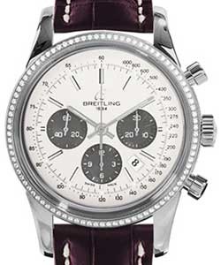 Transocean Chronograph in Steel with Diamond Bezel on Burgundy Crocodile Leather Strap with Silver Dial