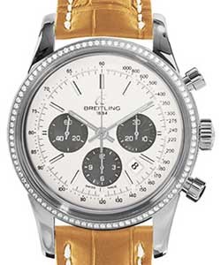 Transocean Chronograph in Steel with Diamond Bezel on Camel Crocodile Leather Strap with Silver Dial